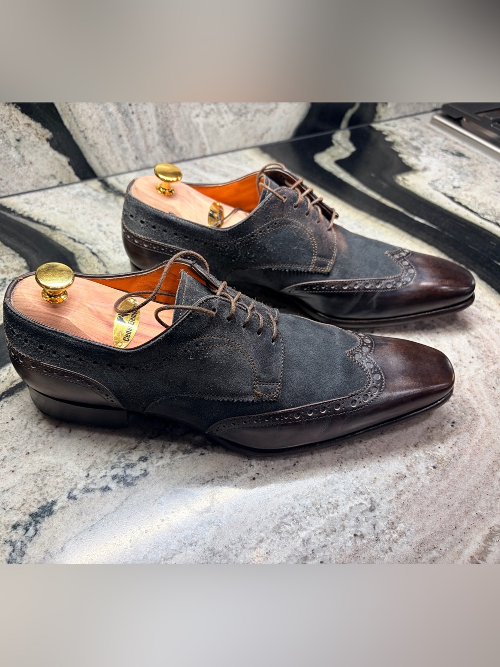 Santoni Fatte a Mano Wingtip Derby Shoes UK 8 US 9 Brown Leather Charcoal Suede